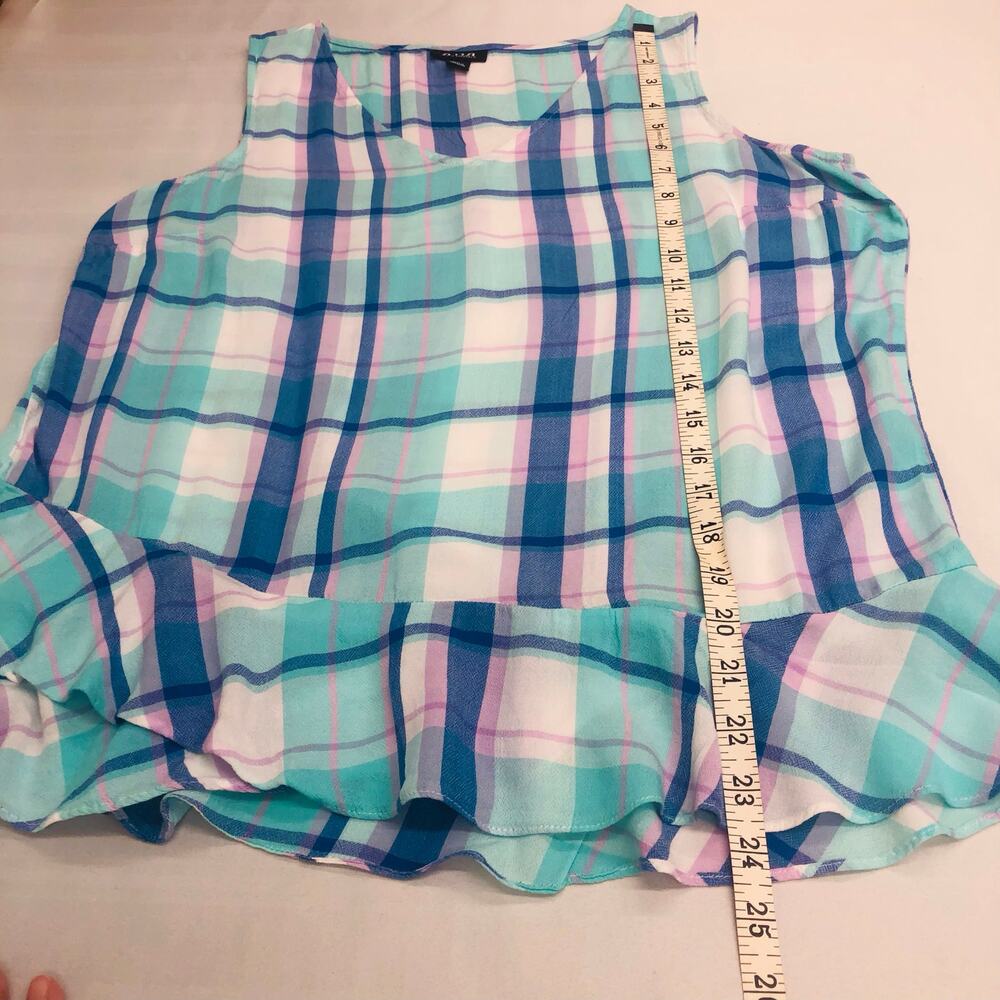 a.n.a. Blue White Pink Plaid Sleeveless Top Ruffled Trim Hem - Picture 11 of 16